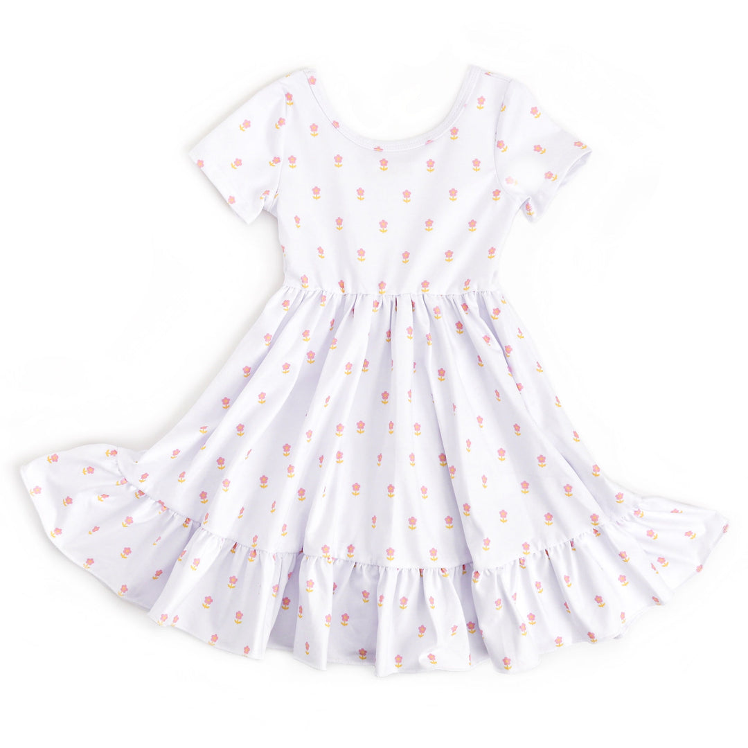 girls white spring twirl dress with cute micro flowers