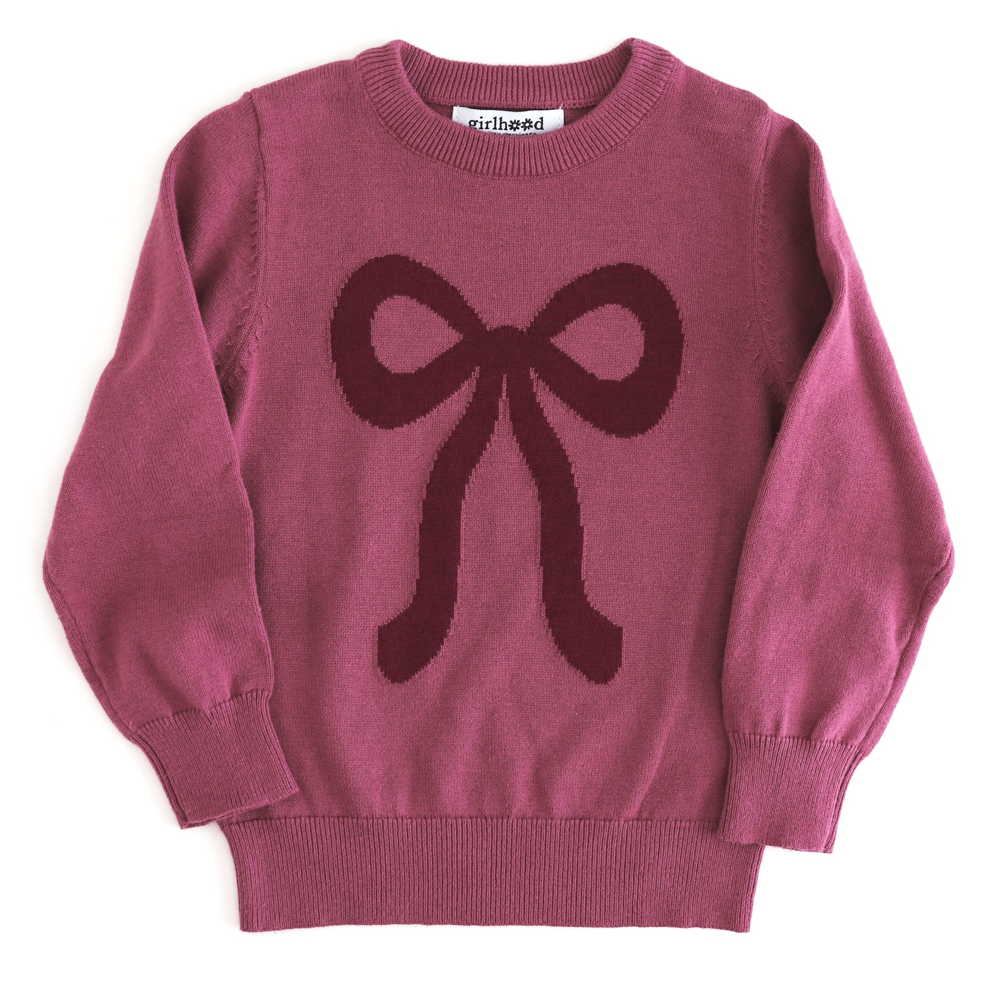 girls' fall cotton knit pullover sweater in mauve with burgundy bow design