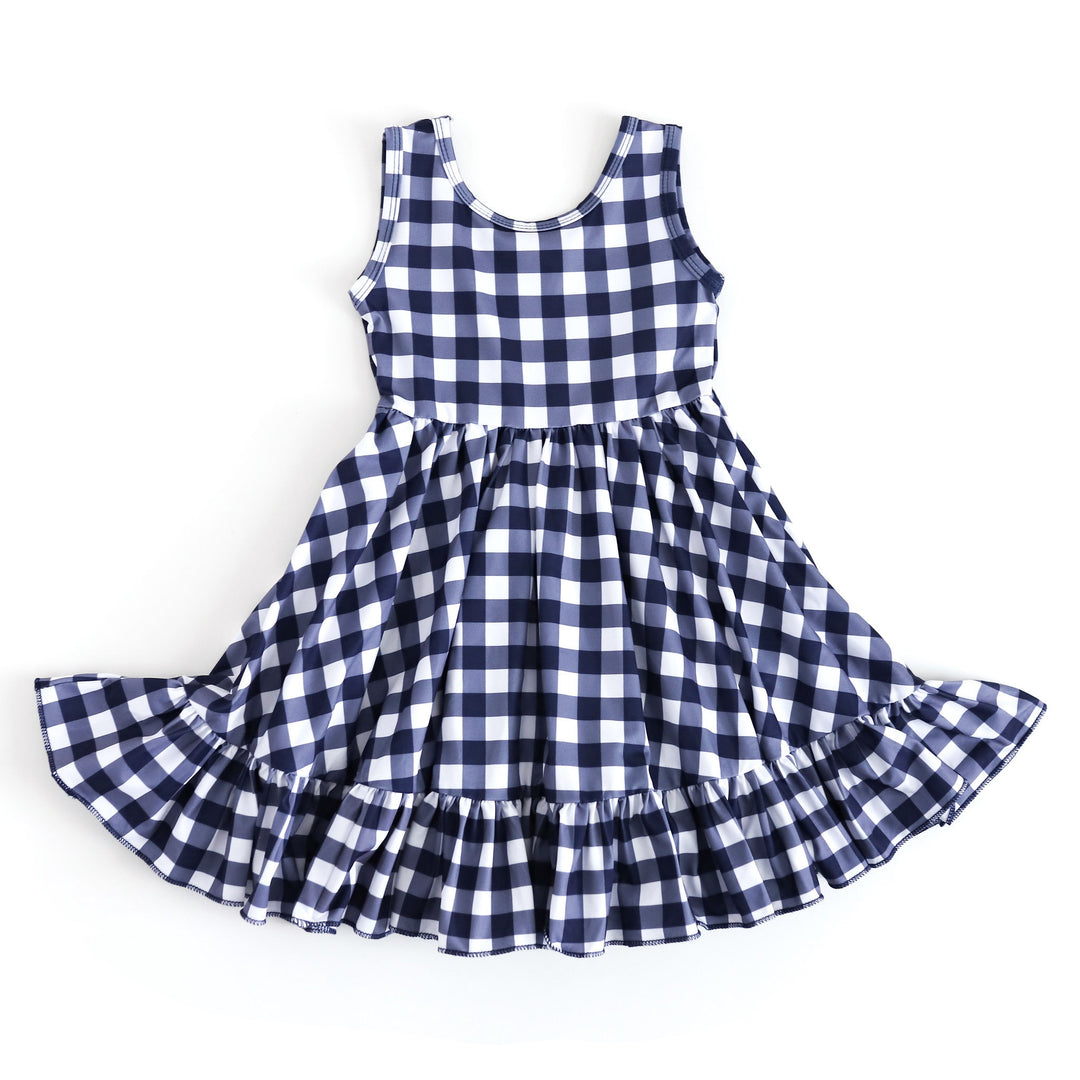 girls' navy and white gingham summer twirl dress for the 4th of july
