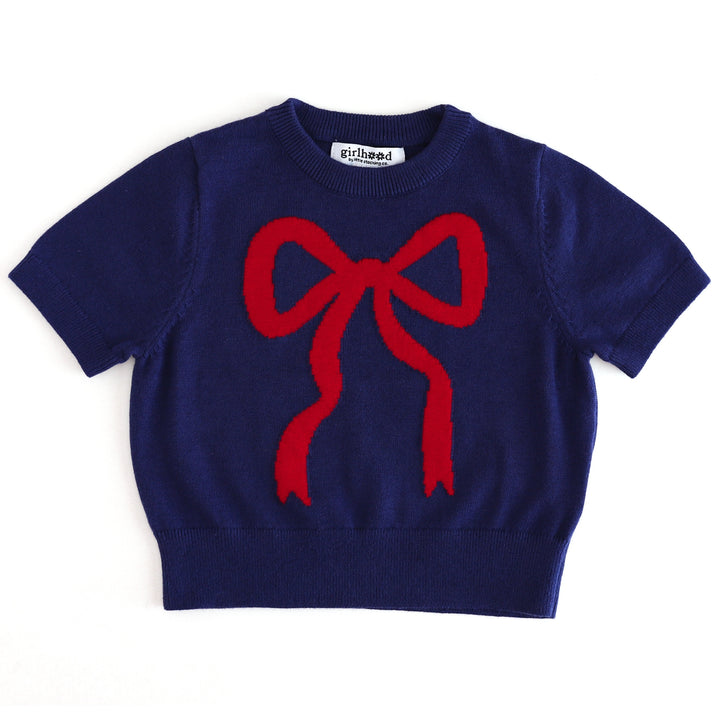 girls navy short sleeve sweater with big red bow on front