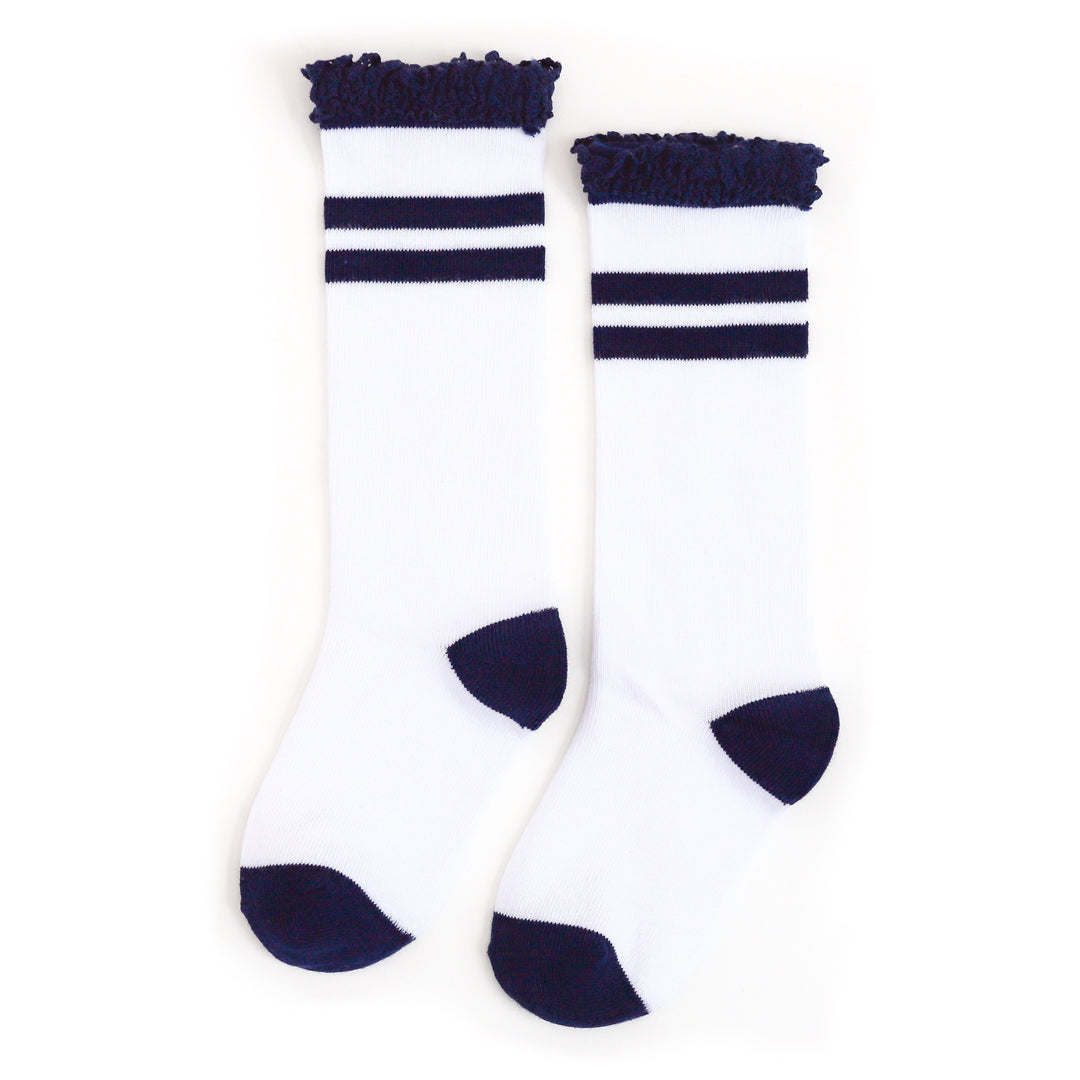 girls' navy striped back to school knee high socks with lace