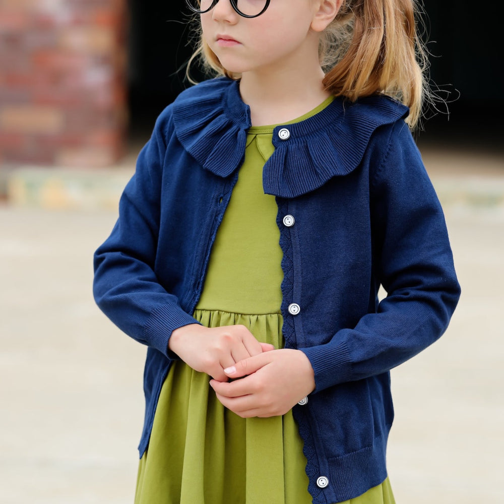 navy blue girls cardigan with ruffle for school