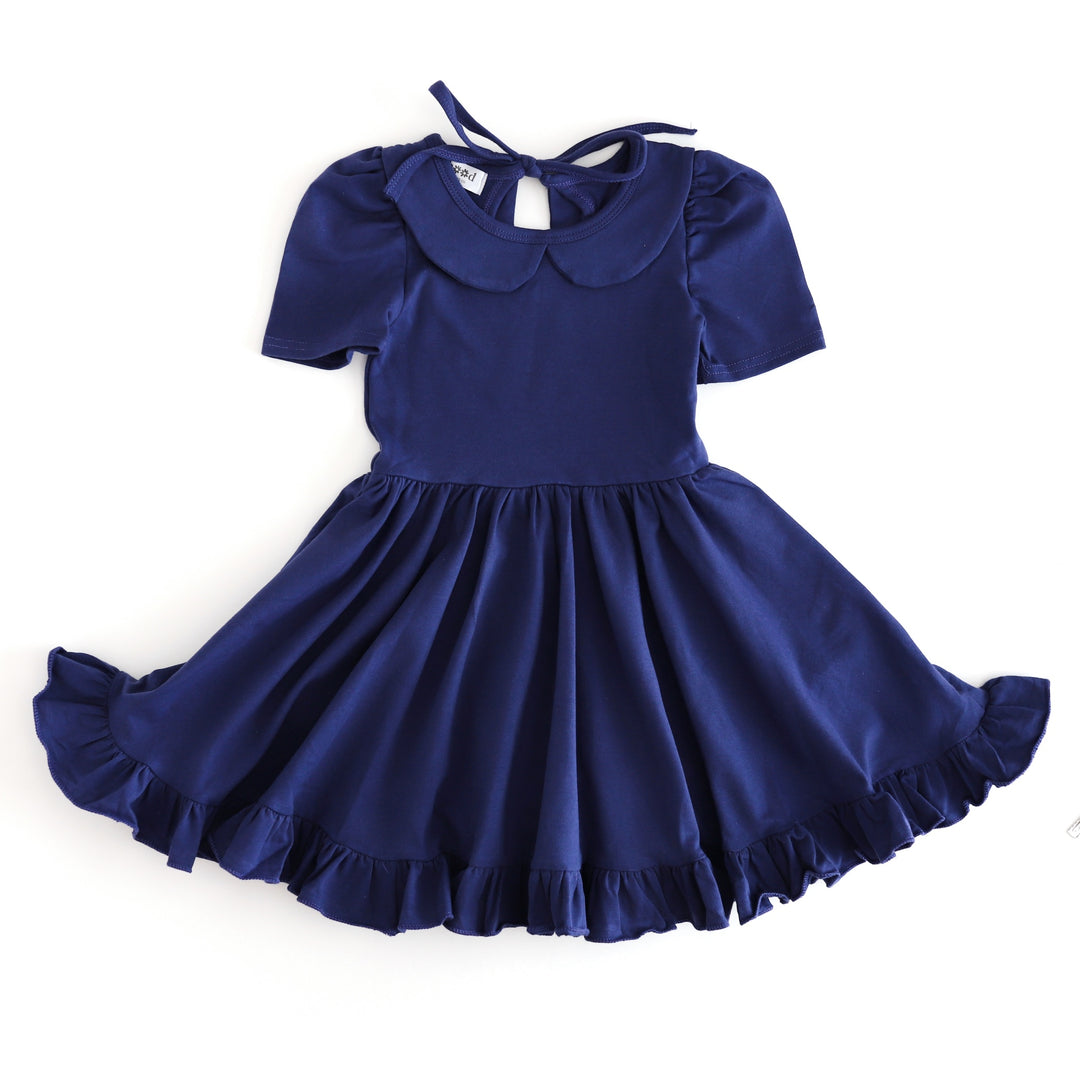 girl's navy blue short sleeve cotton uniform dress with collar for back to school