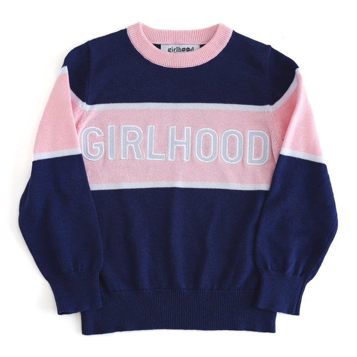 girl and adult cotton pullover sweater in navy blue with pink accent stripe featuring embroidered "girlhood" patches in white