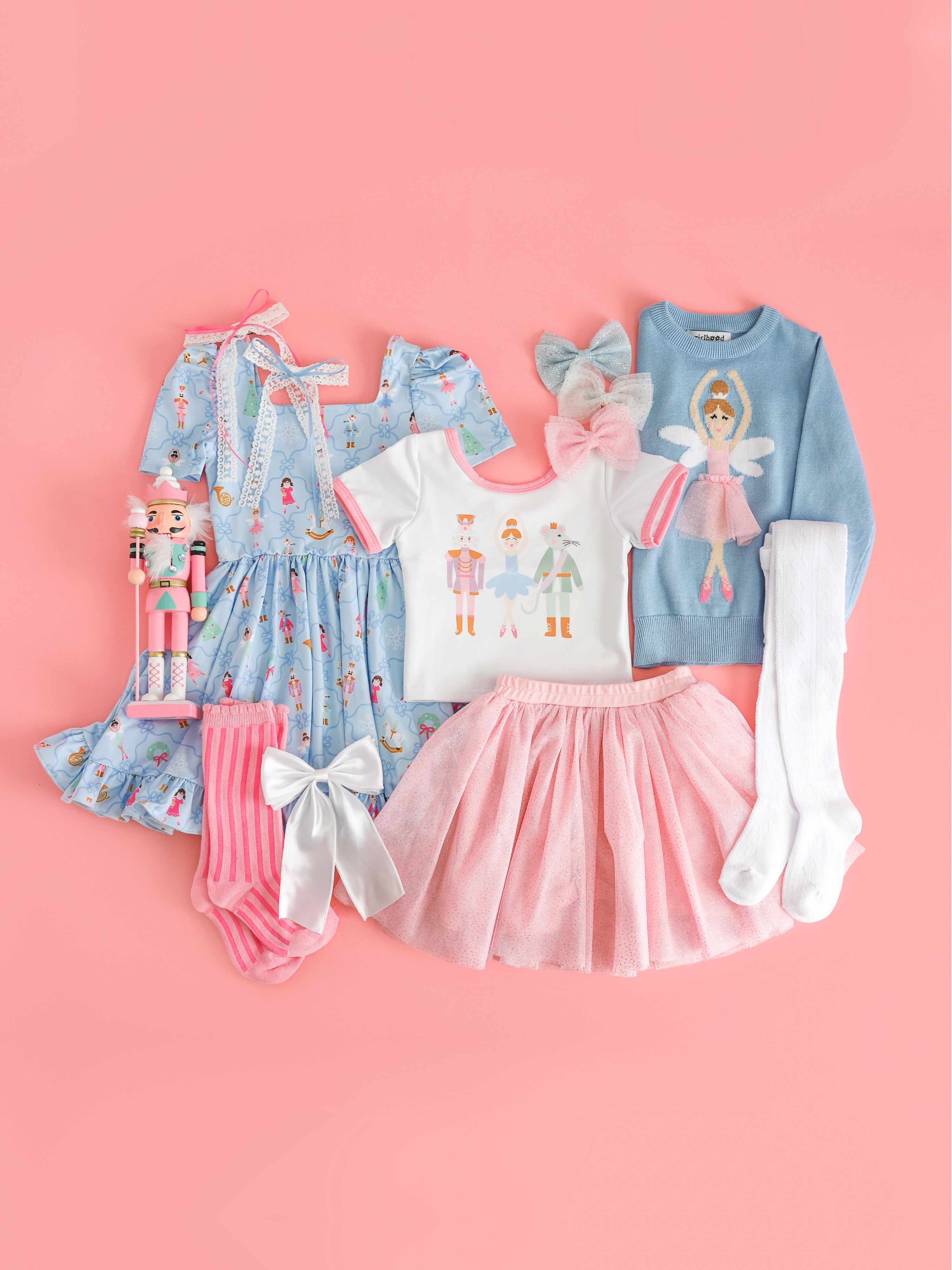 little girls' Nutcracker themed twirl dress, sweater, charm top and sparkly tutu skirt with matching accessories for Christmas ballet