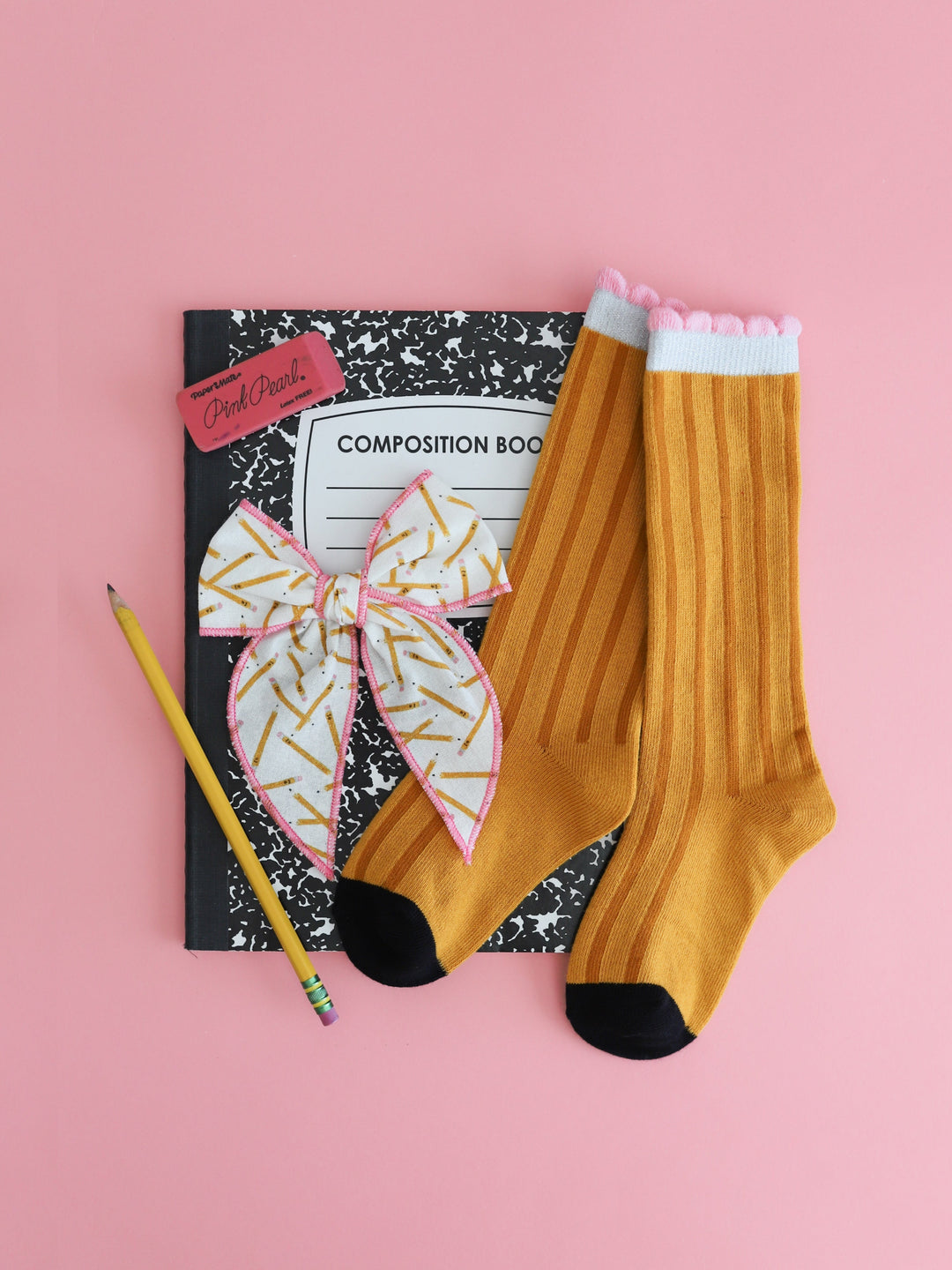 girls' pencil print fabric bow with pink trim and matching pencil design knee highs with school supplies