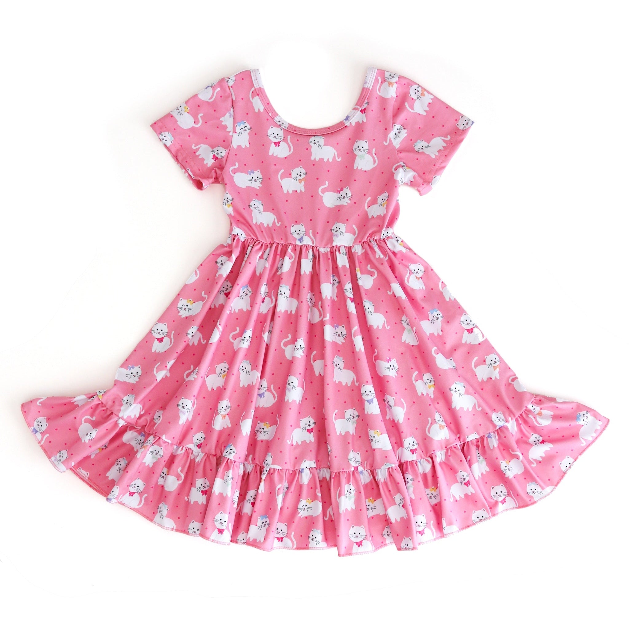 girls pink short sleeve twirl dress with white kitten print