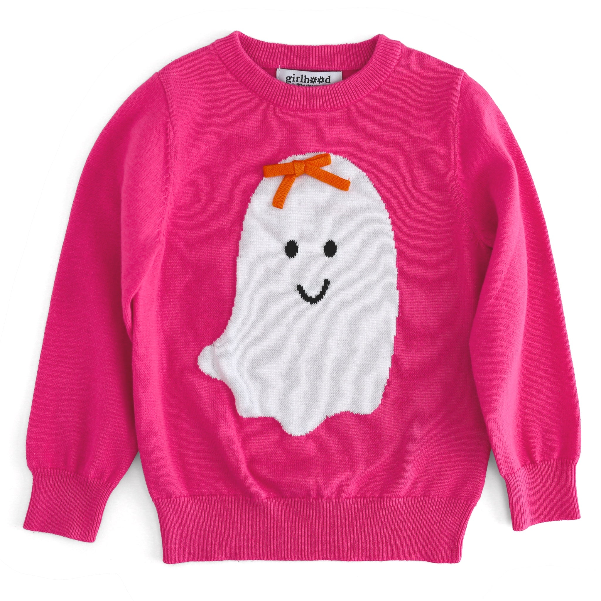 girls' bright pink long sleeve knit sweater with white ghost wearing orange knit bow
