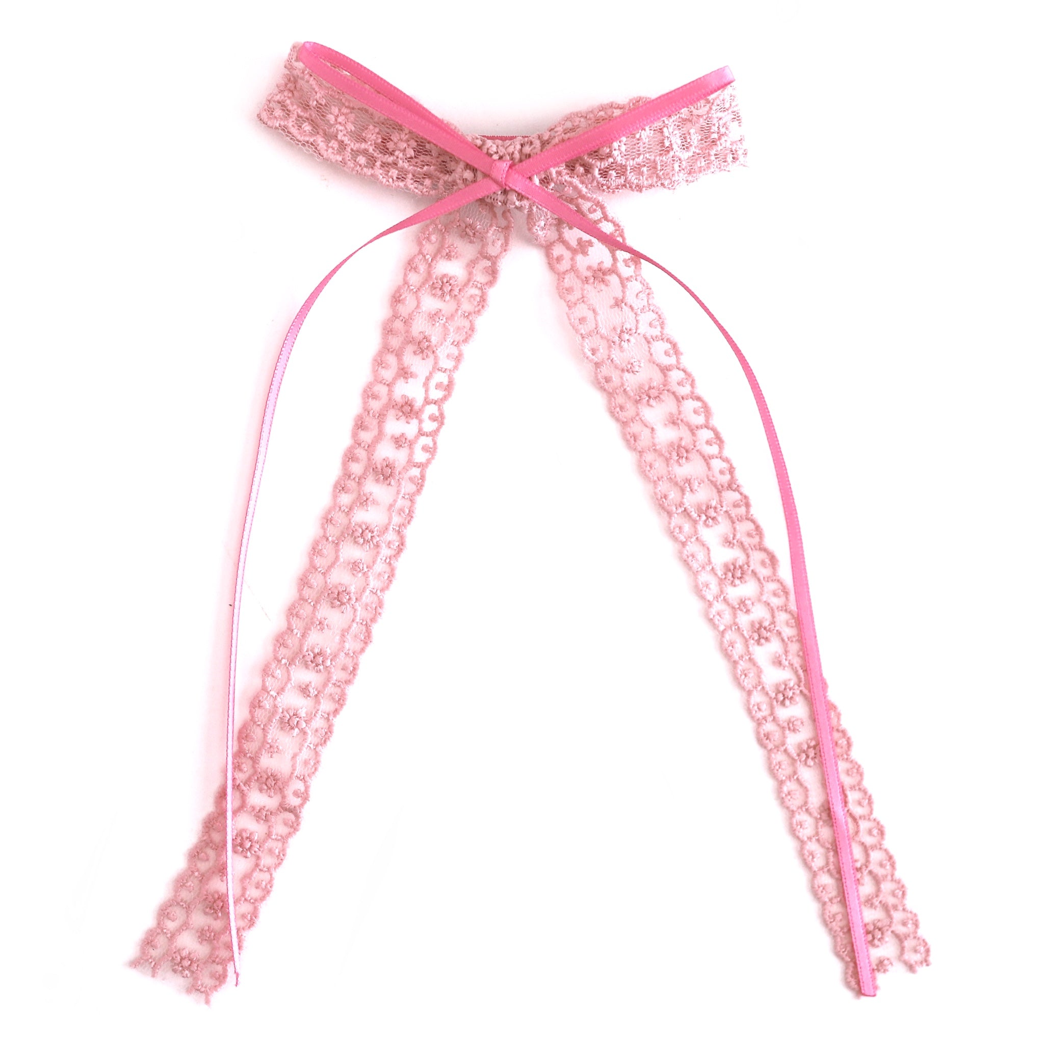 girls' lace and ribbon long tail double bow in two shades of pink on alligator clip