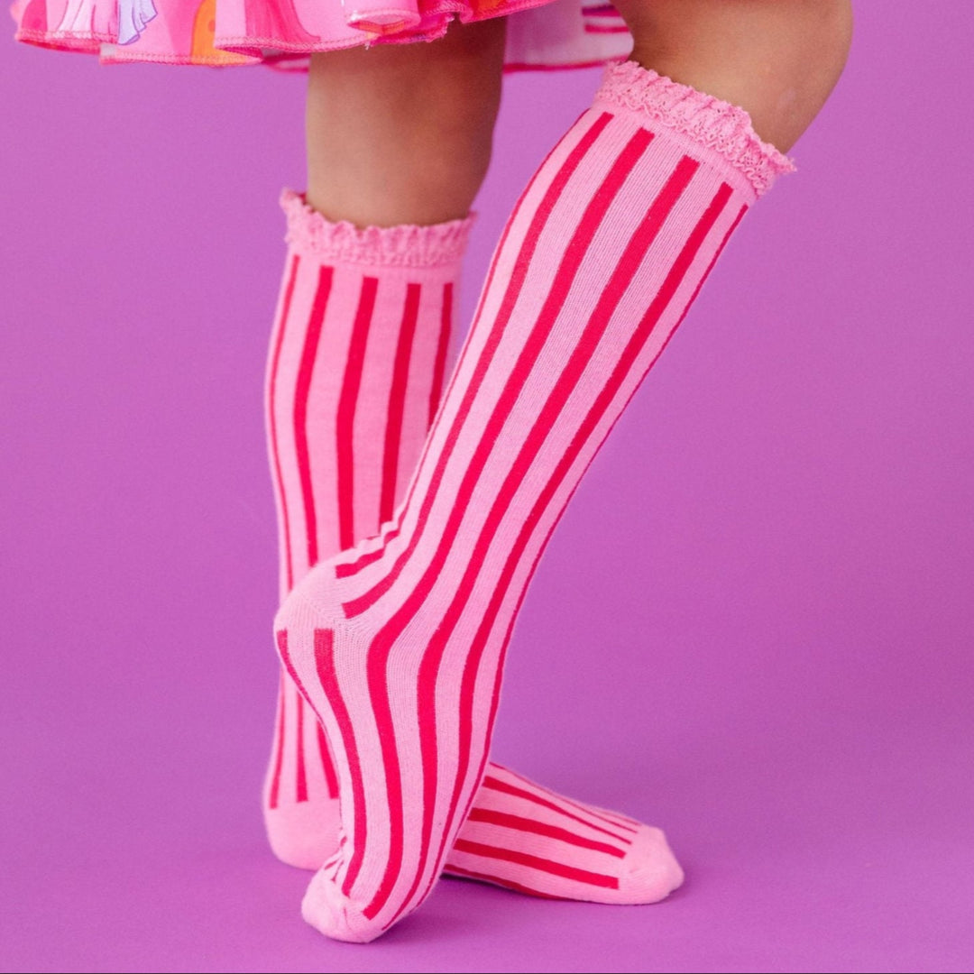 pink vertical stripe knee high socks girls