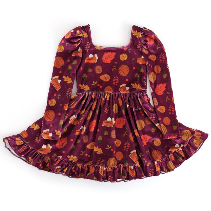 girls' long sleeve thanksgiving print velvet twirl dress in burgundy with pumpkin pie print for Thanksgiving