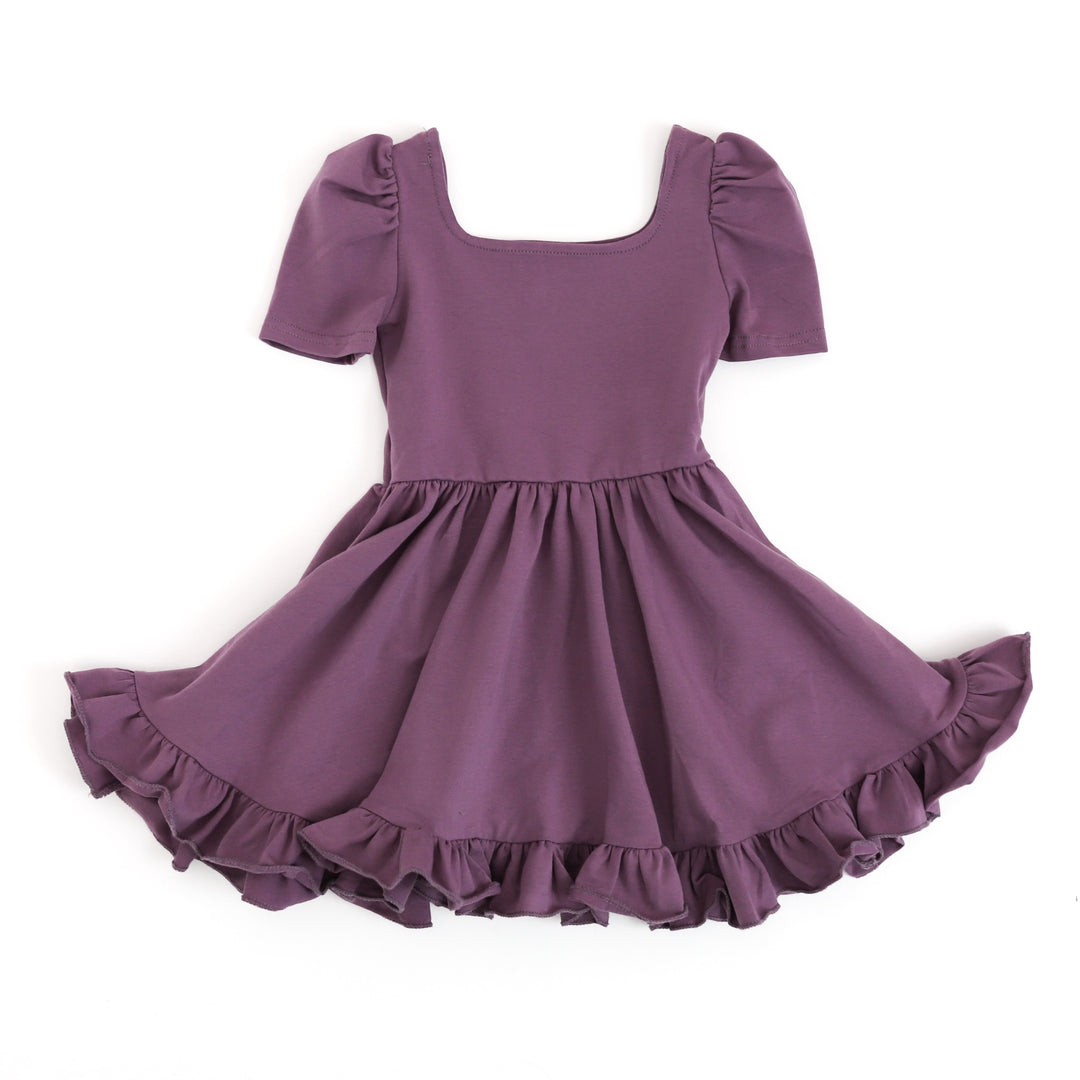 girls' cotton square neckline mod twirl dress in plum purple