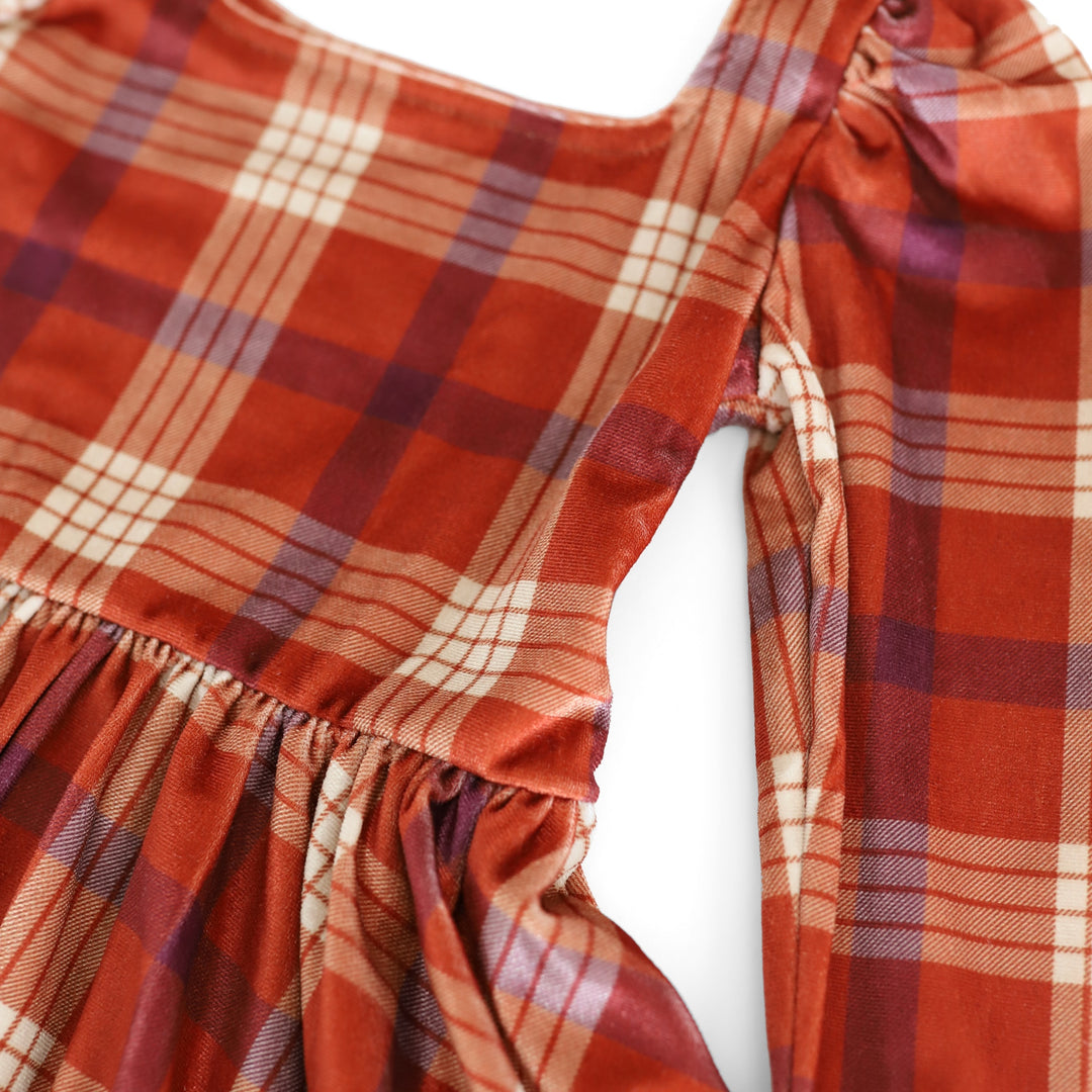 detail photo of girls' pumpkin spice orange plaid print velvet dress