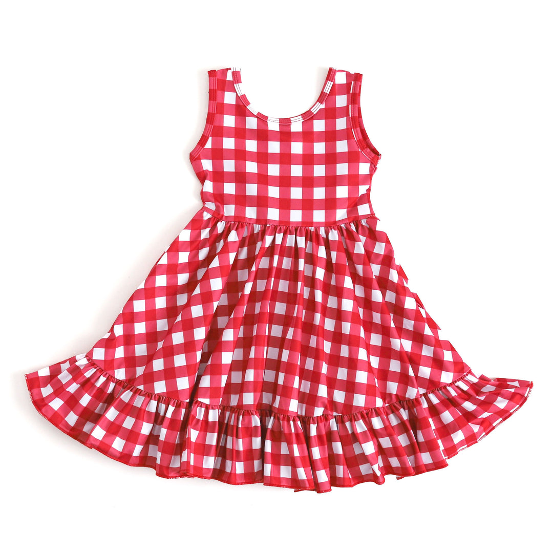 girls' red and white gingham twirl dress for the 4th of july and perfect for summer picnics