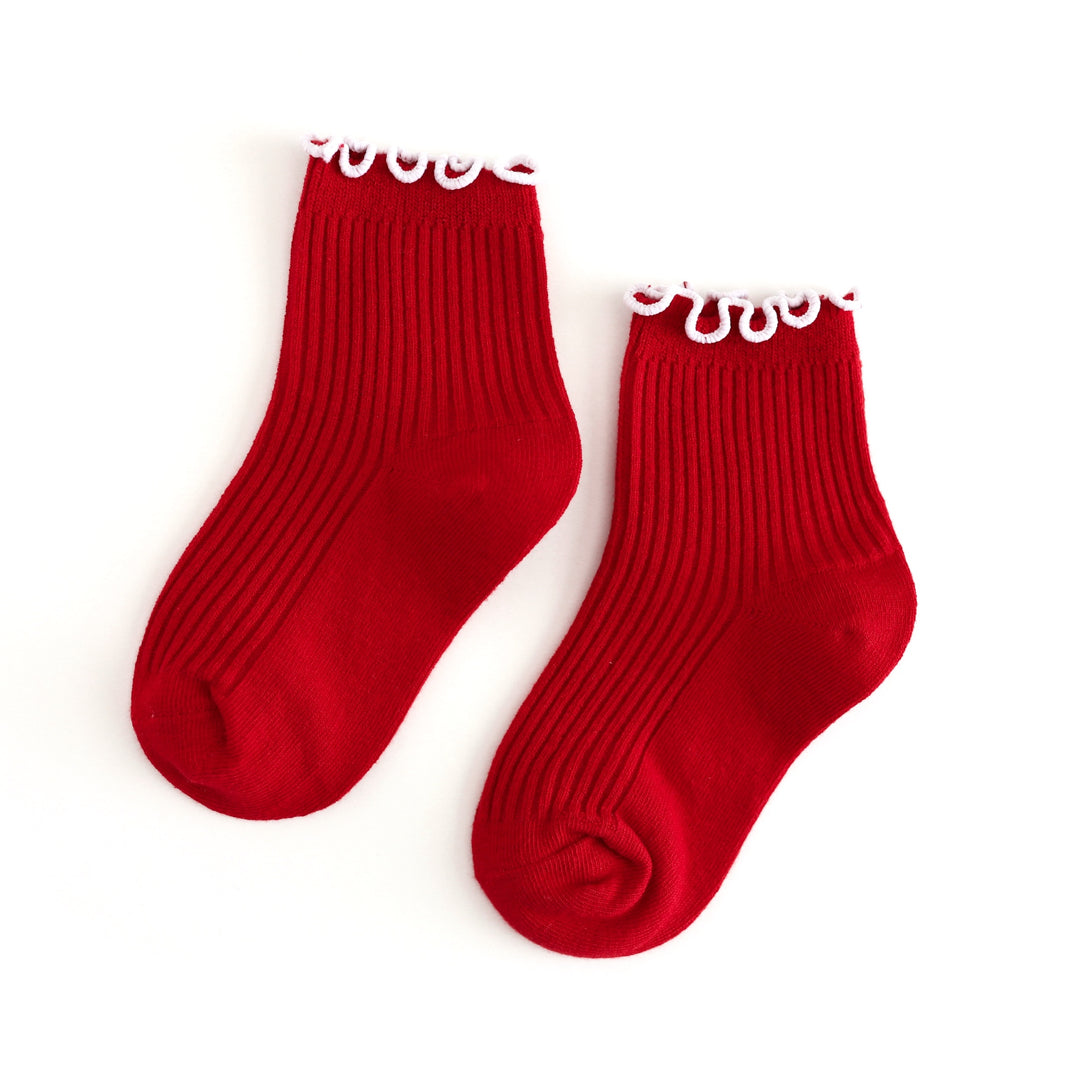 girls' red ribbed midi socks with white lettuce trim to match back to school outfits