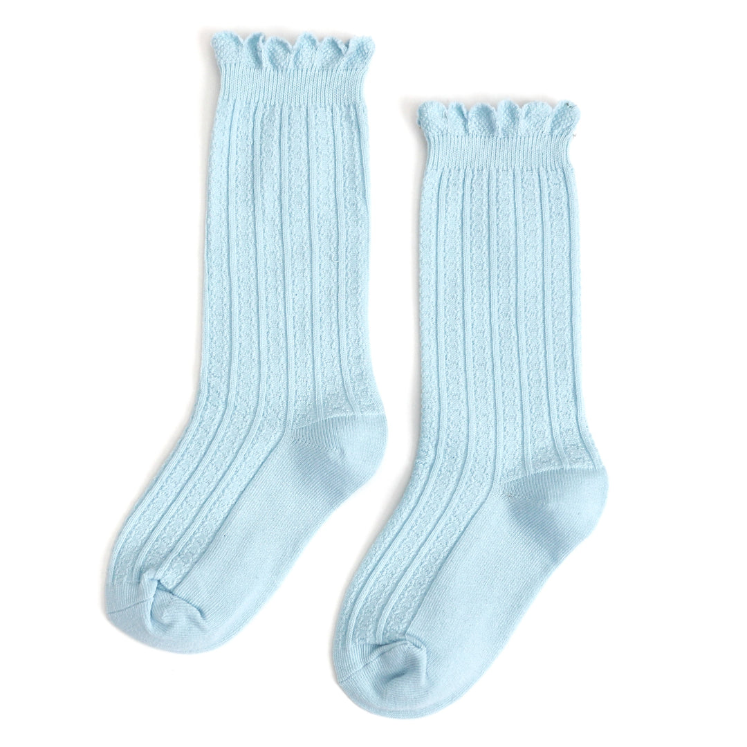 girls pastel blue scallop trimmed knee highs for spring with dainty knit pattern