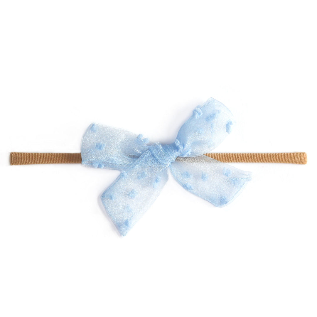light blue sheer dot baby bow on nylon headband