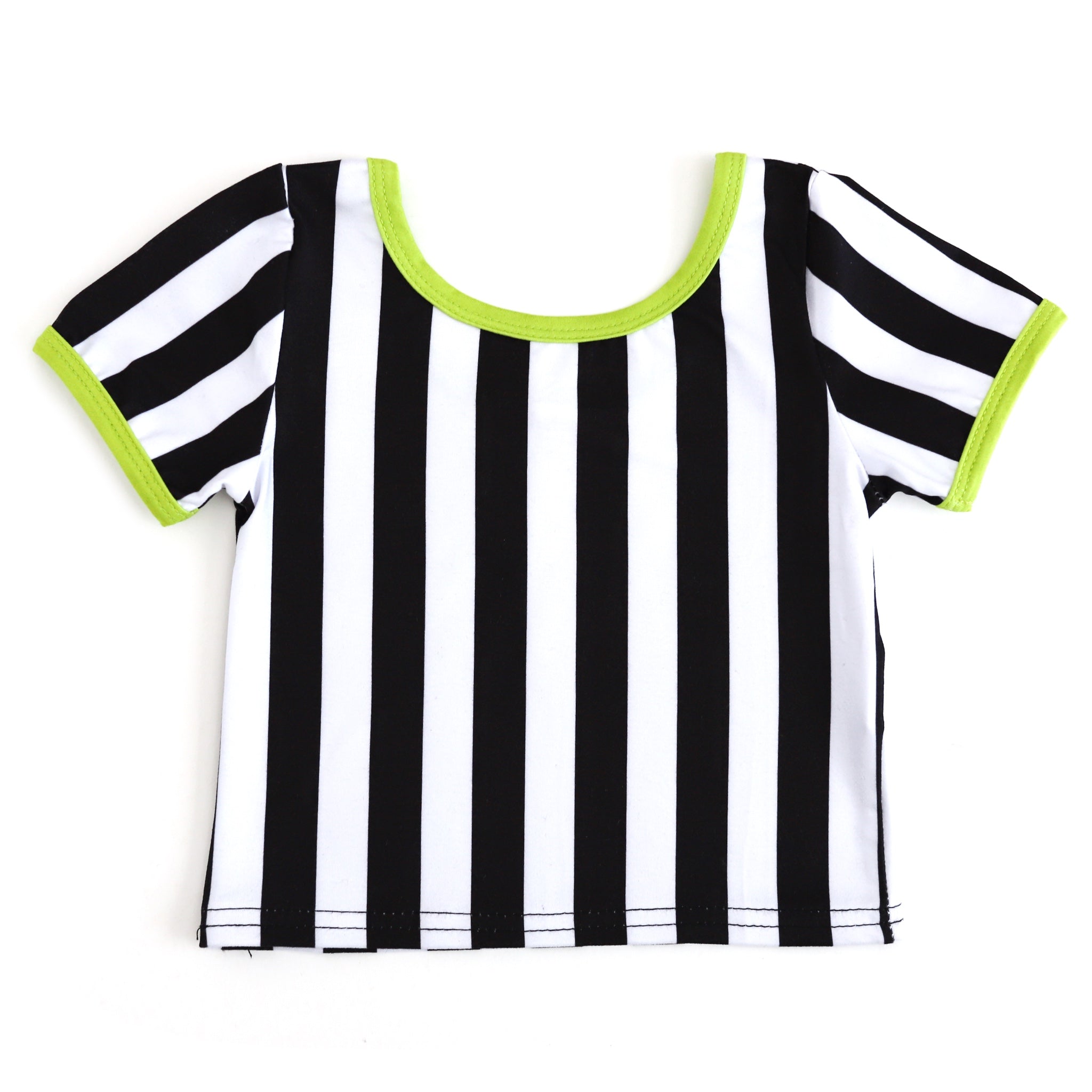 girls' fitted black and white striped t-shirt with bright green trim for Beetlejuice inspired mix and match