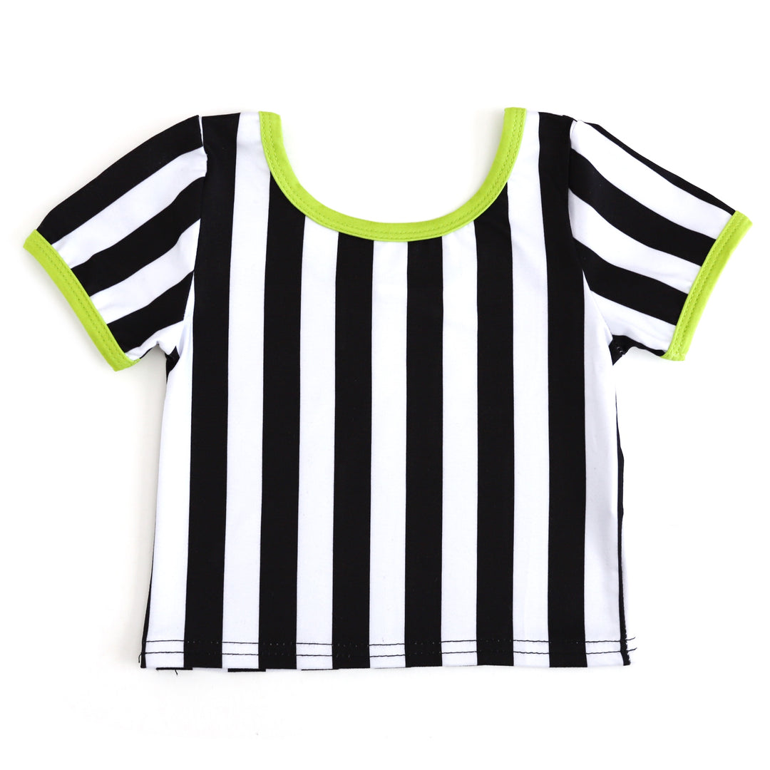 girls' fitted black and white striped t-shirt with bright green trim for Beetlejuice inspired mix and match