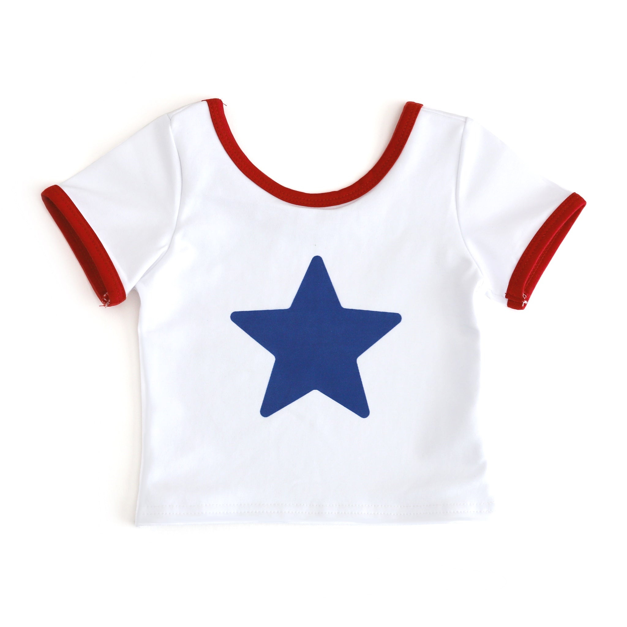 little girls scoop neck white fitted tee with red trim and blue star design for 4th of July