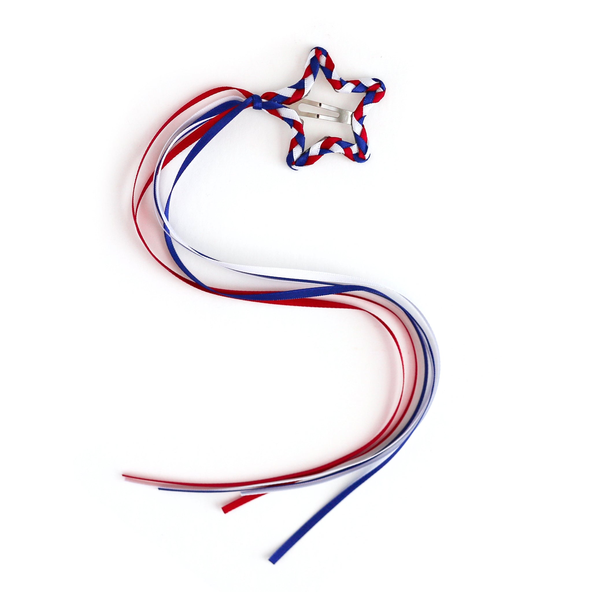 girls star shaped ribbon hair clip with braided red, white and blue star
