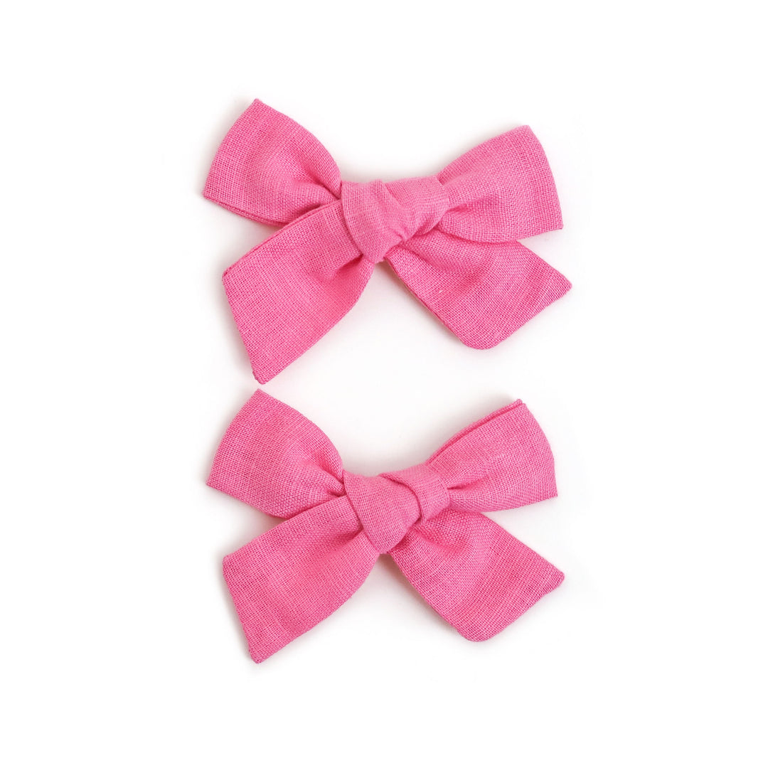 bright pink linen pigtail bows on clips