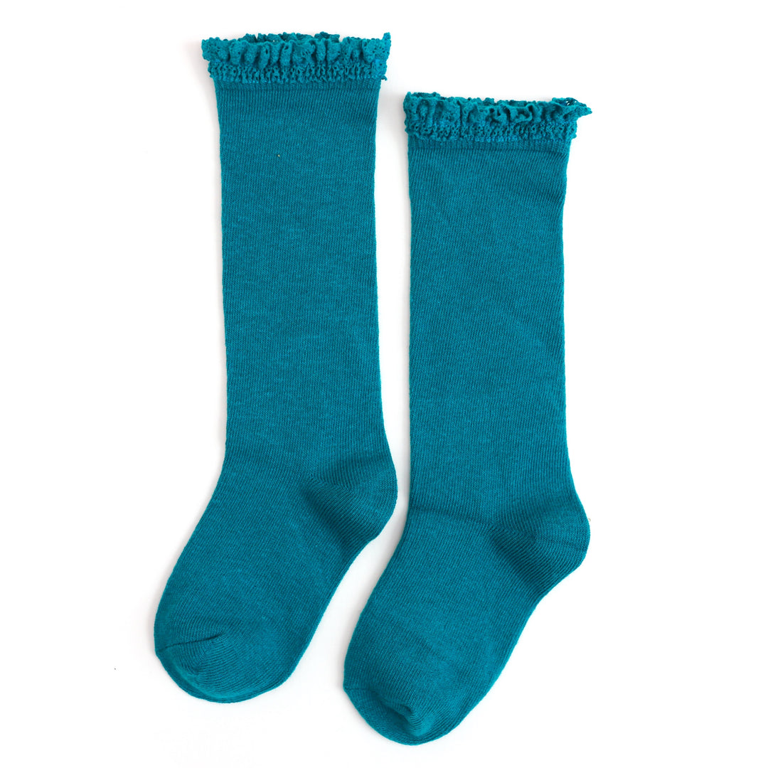 girls teal lace trim knee high socks