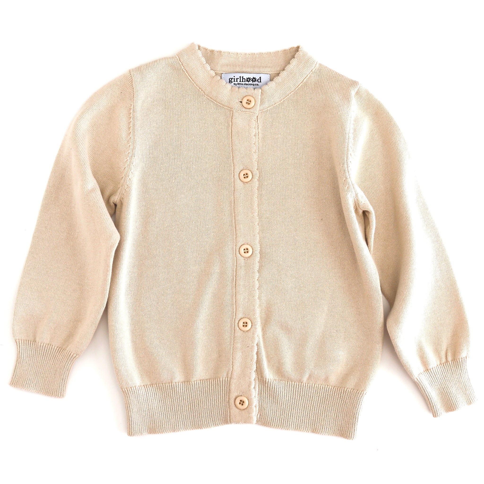 girls' cotton knit, button front cardigan in cream with scalloped trim