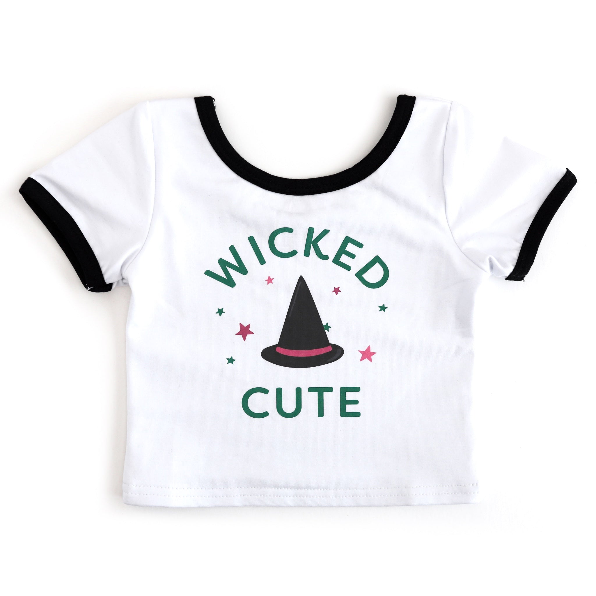 girls' fitted white t-shirt with black binding and witch hat design with