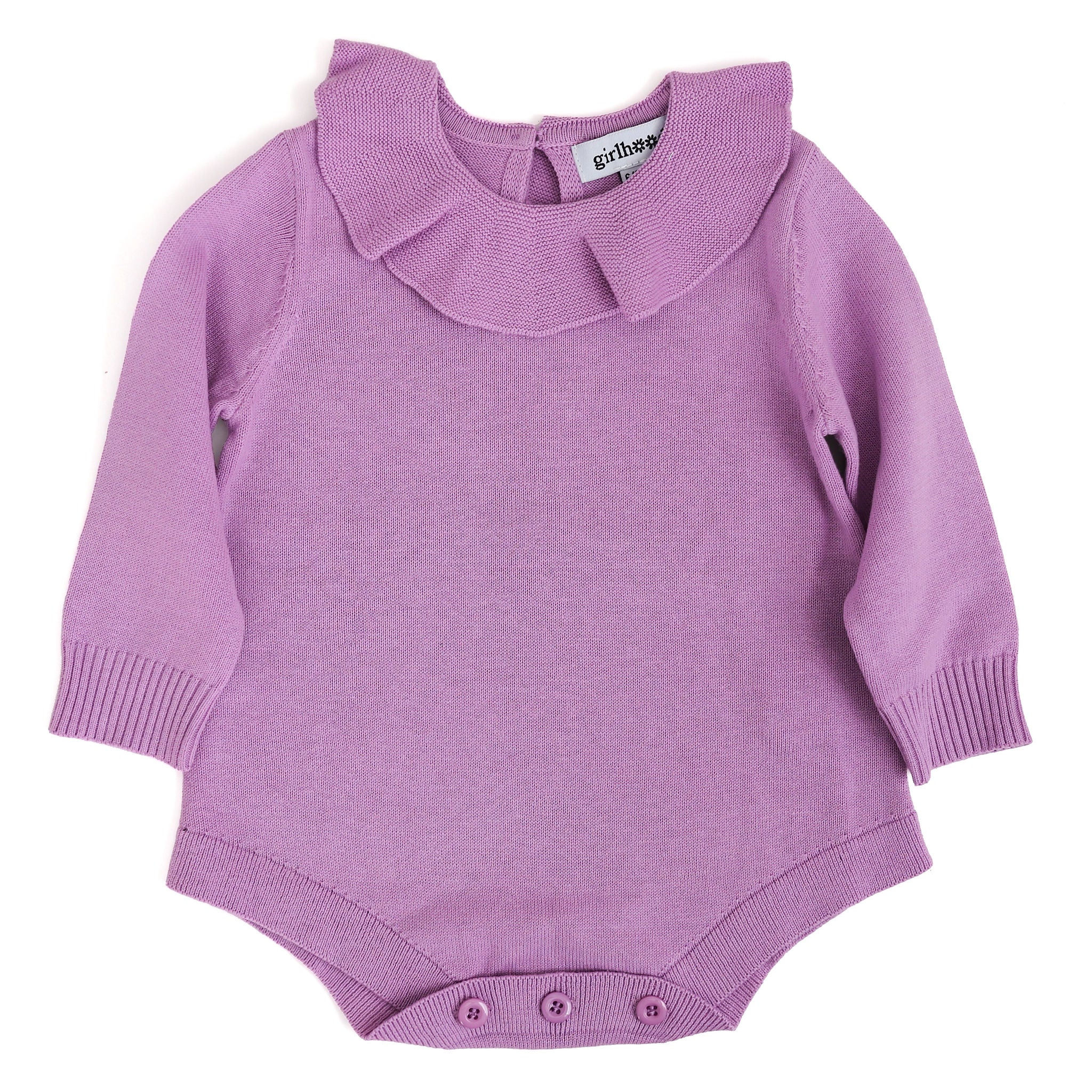 wisteria purple baby sweater romper with ruffle collar