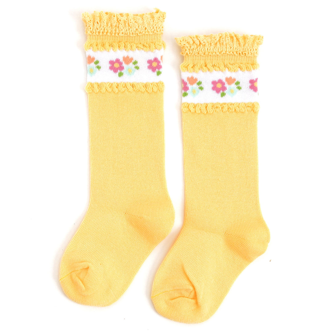 yellow lace trimmed knee high socks with floral band around top