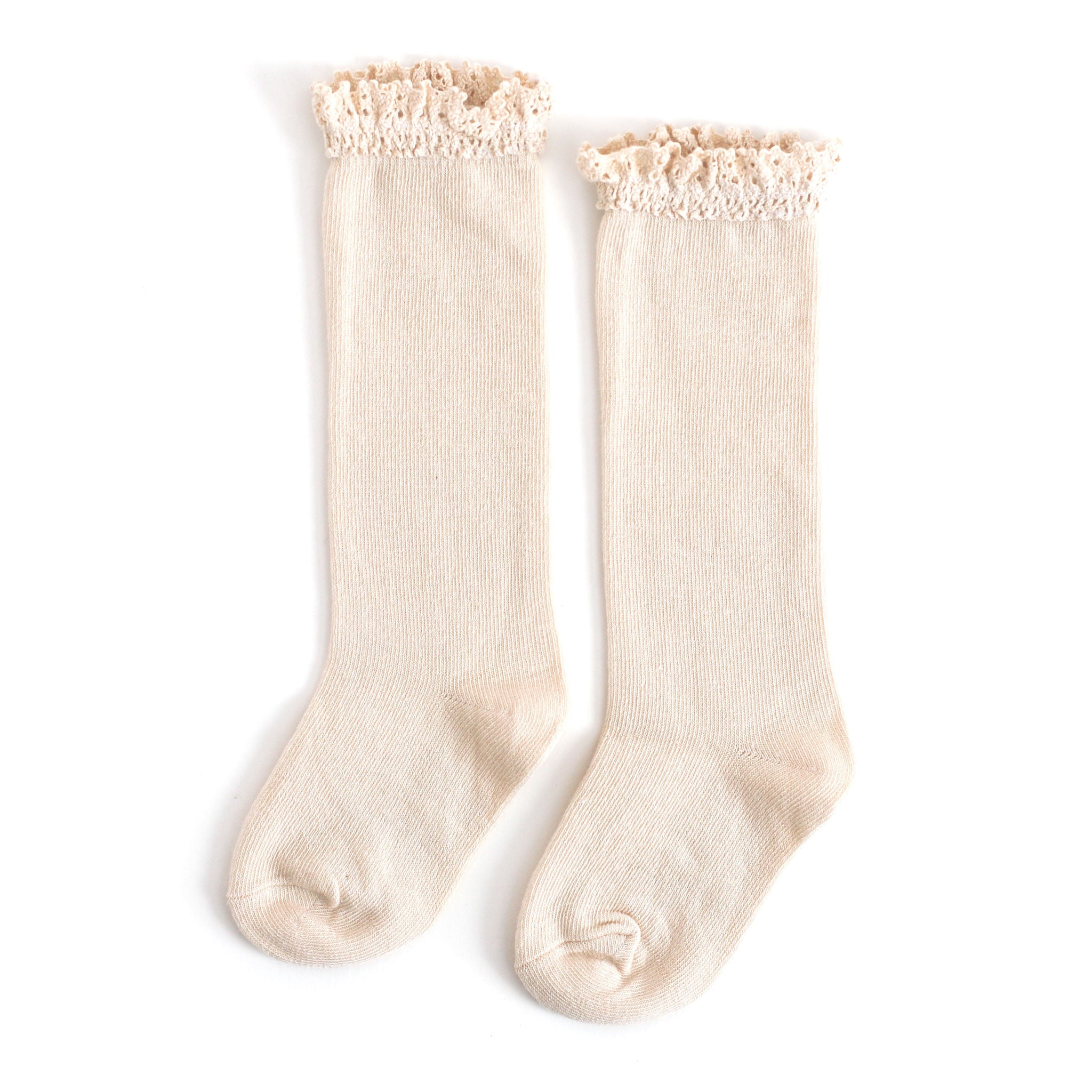 vanilla cream knee high socks with lace top for babies, toddlers and little girls