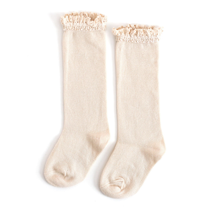 vanilla cream knee high socks with lace top for babies, toddlers and little girls
