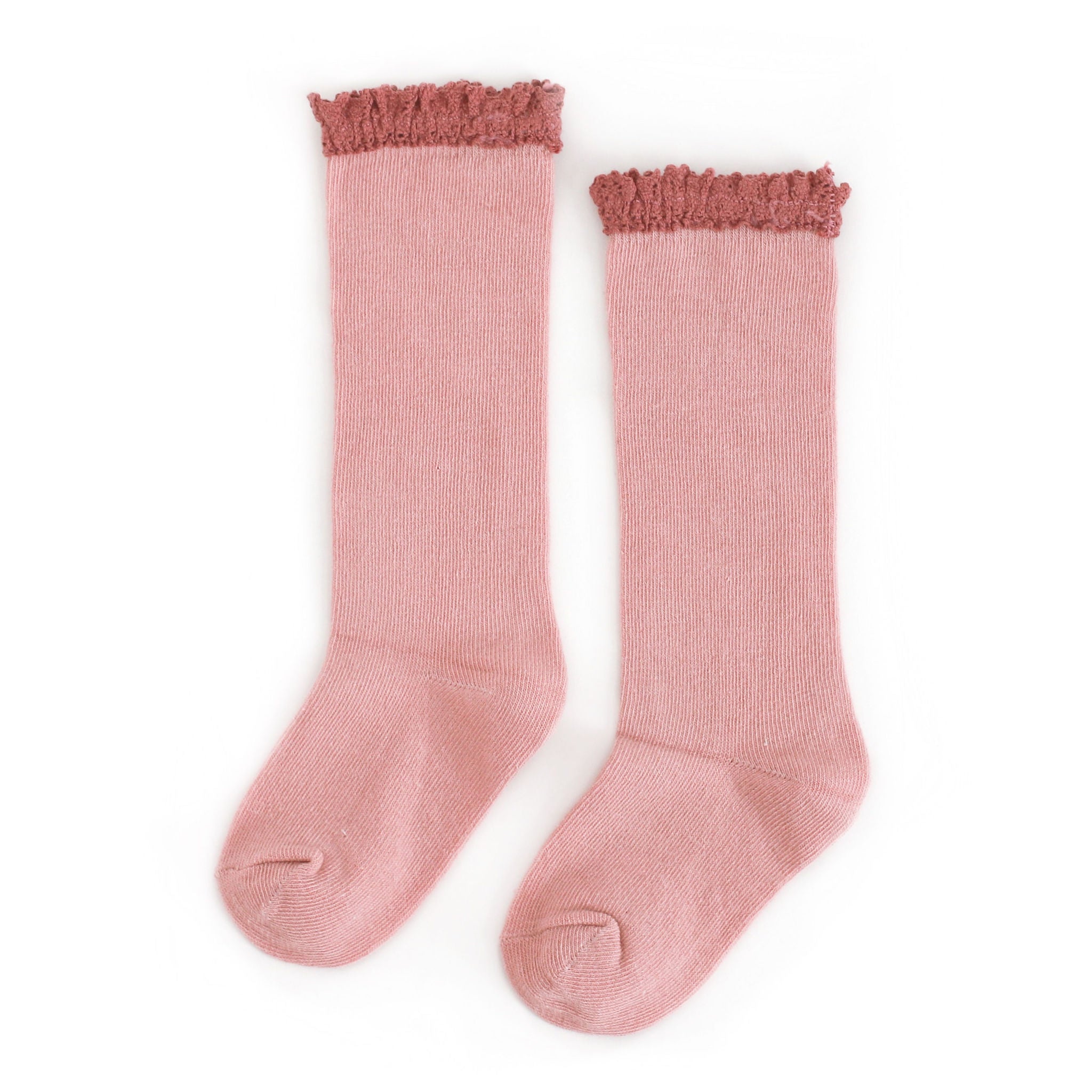 blush pink with mauve lace top knee high sock for little girls made by little stocking co