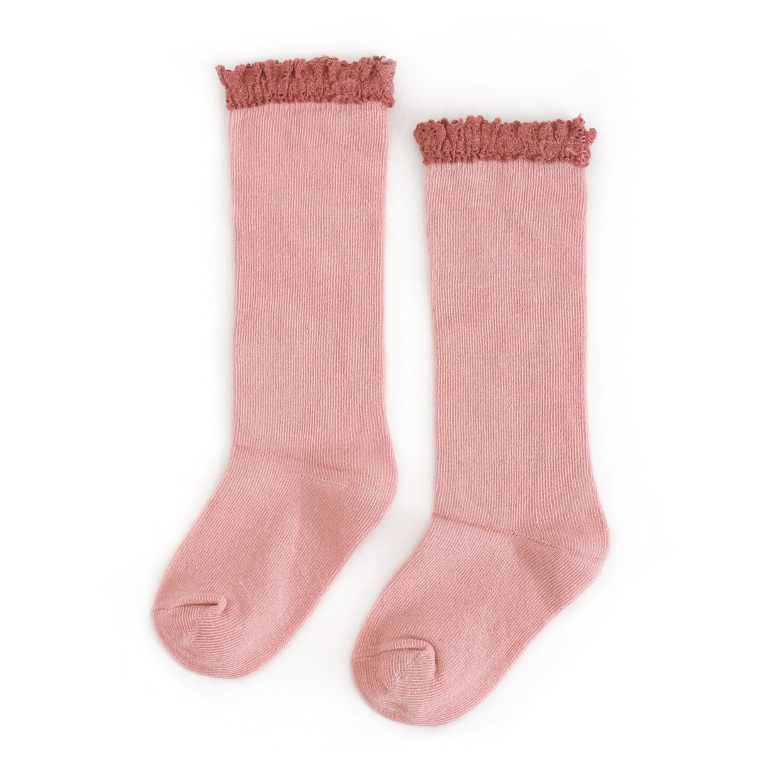 blush pink with mauve lace top knee high sock for little girls made by little stocking co