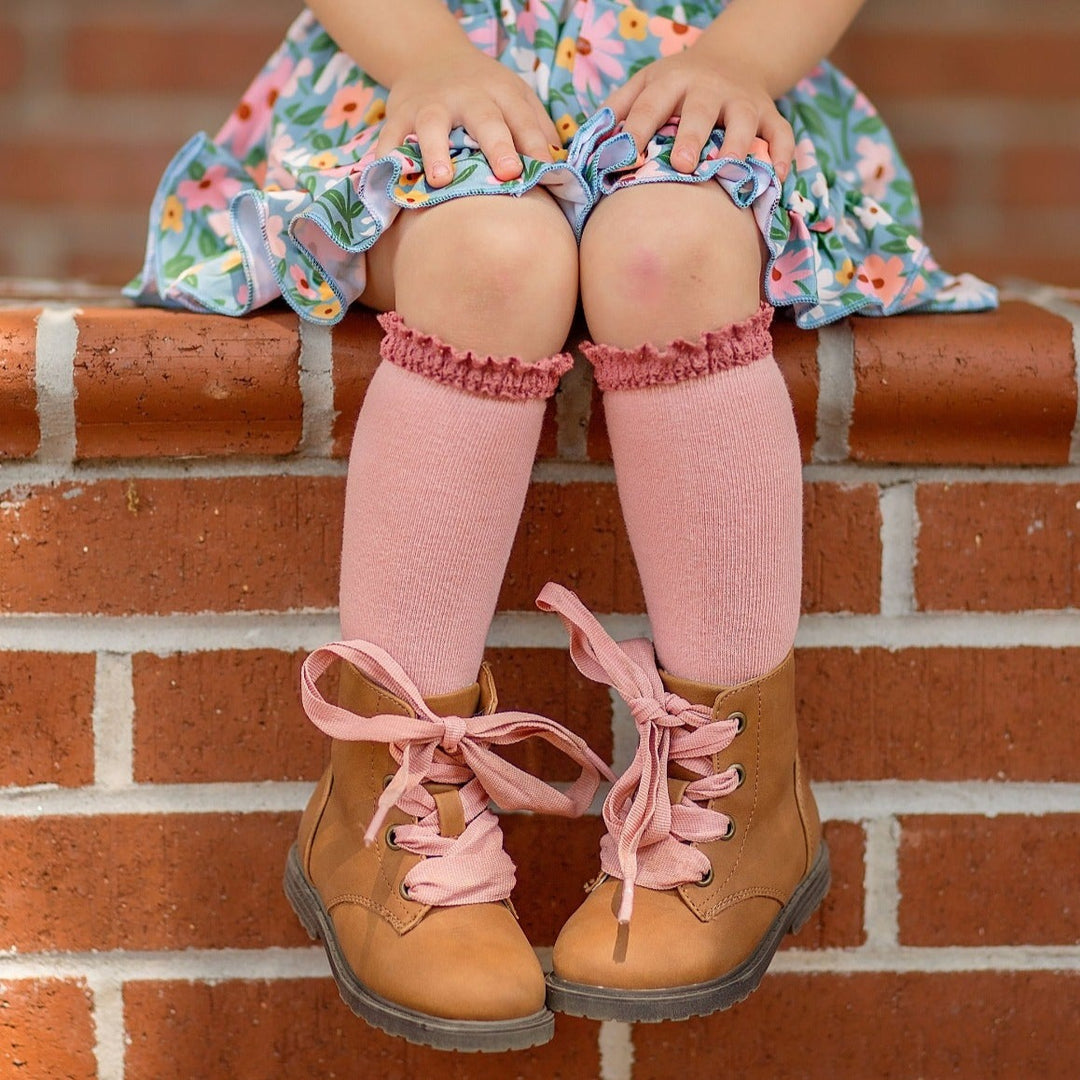 pink lace top knee high socks for boots