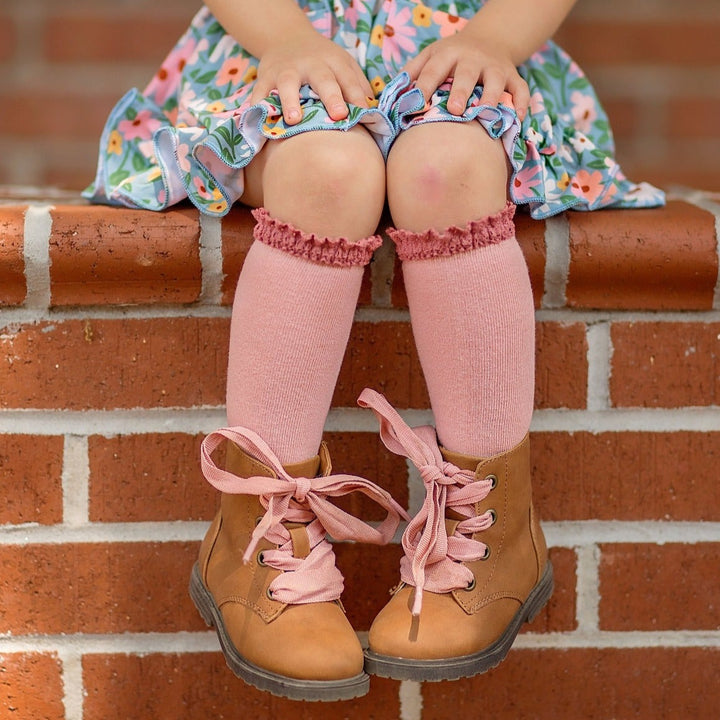 pink lace top knee high socks for boots