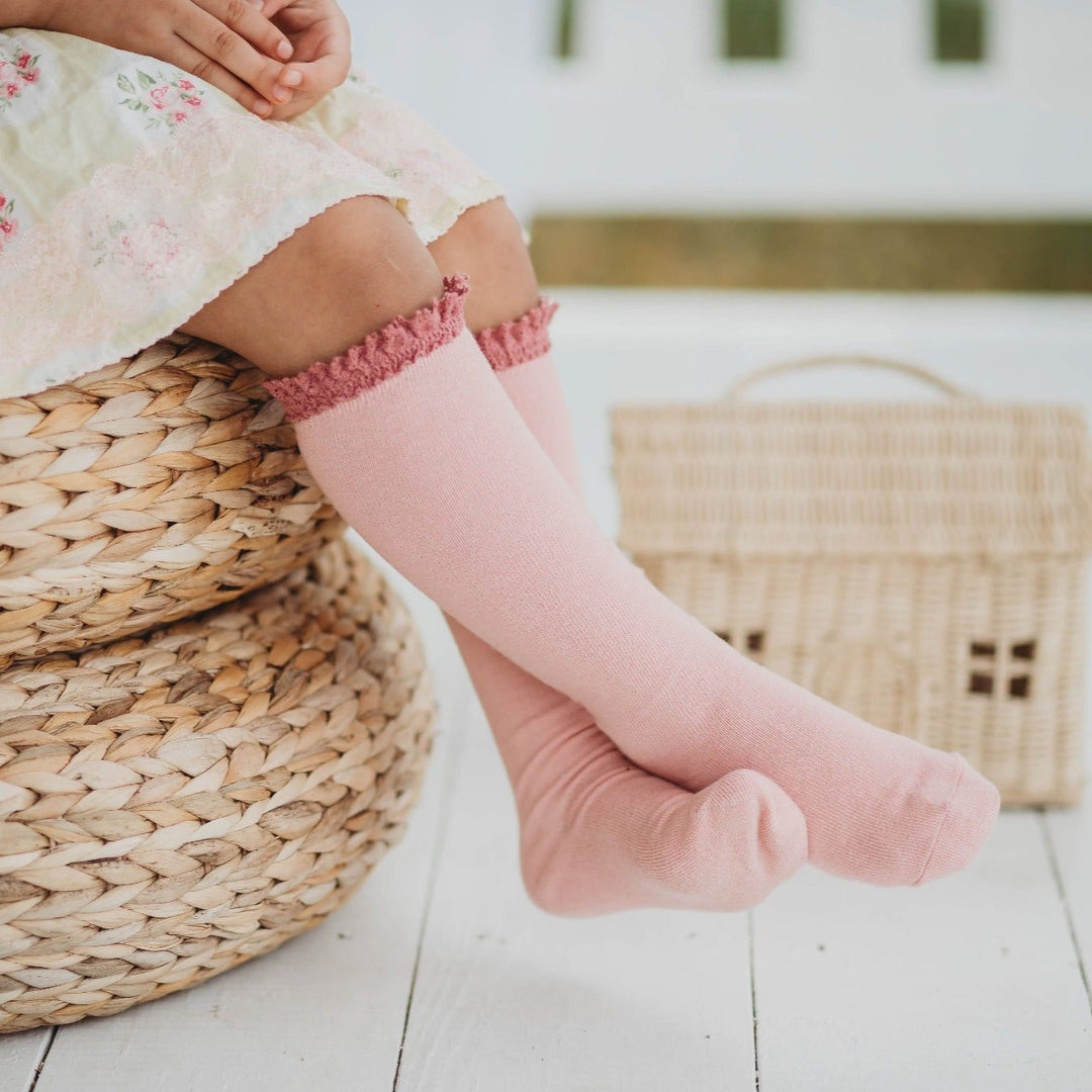light and dark pink lace trim socks for girls