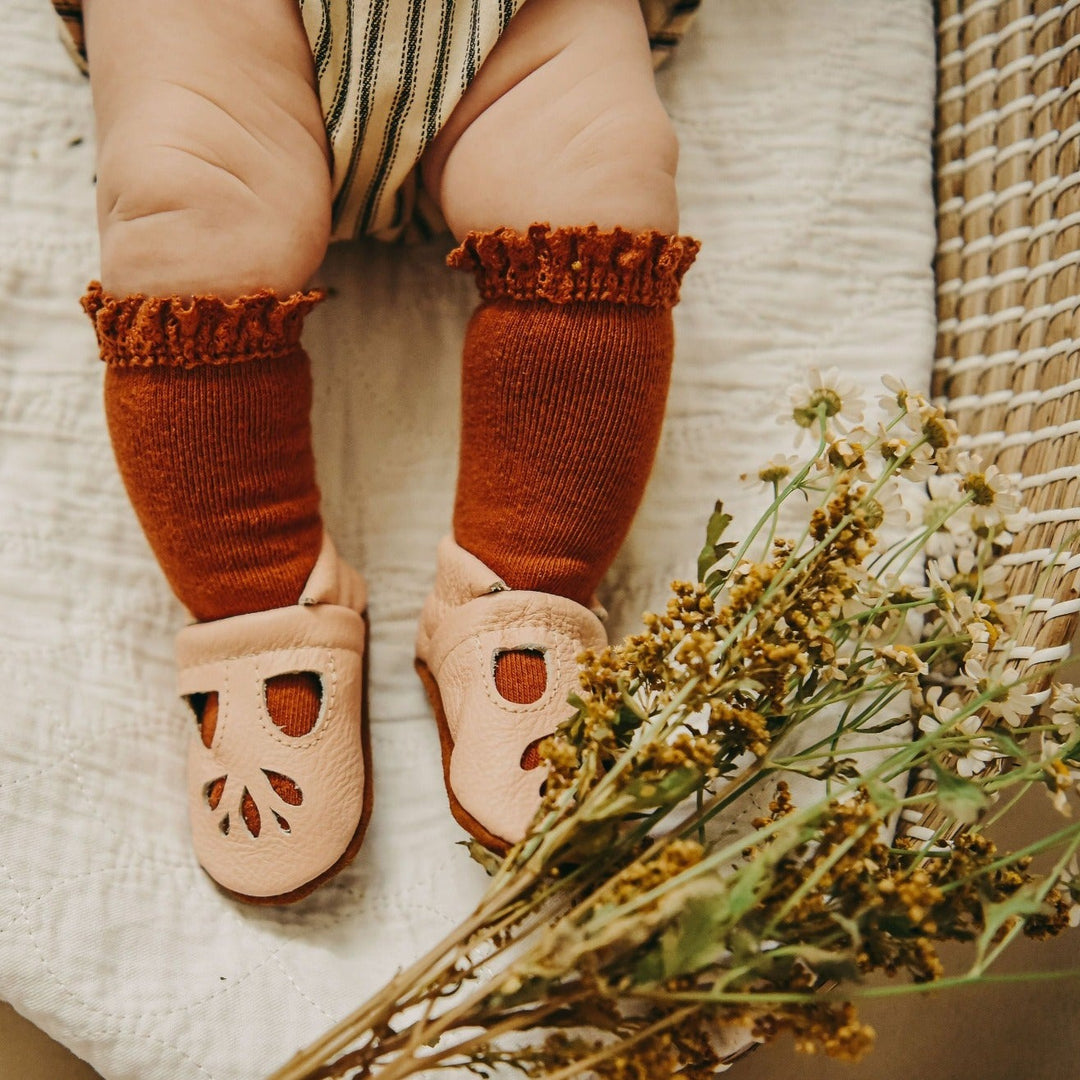 sugar almond brown lace top knee high socks