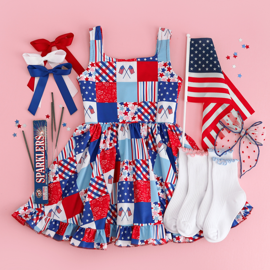 Girls 4th of July Dresses, Matching Hair Bows & USA Socks for Girls