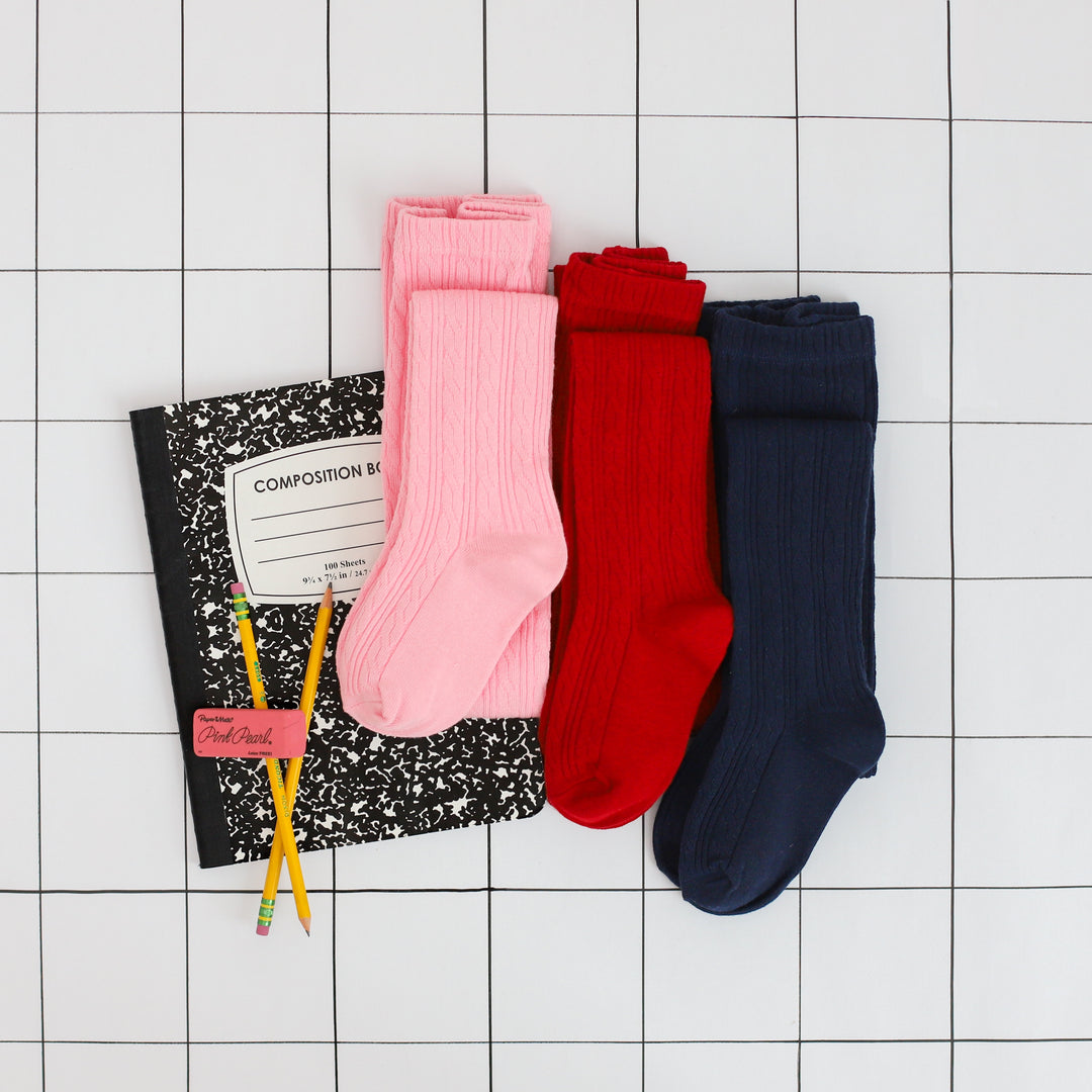 pink red and navy back to school tights