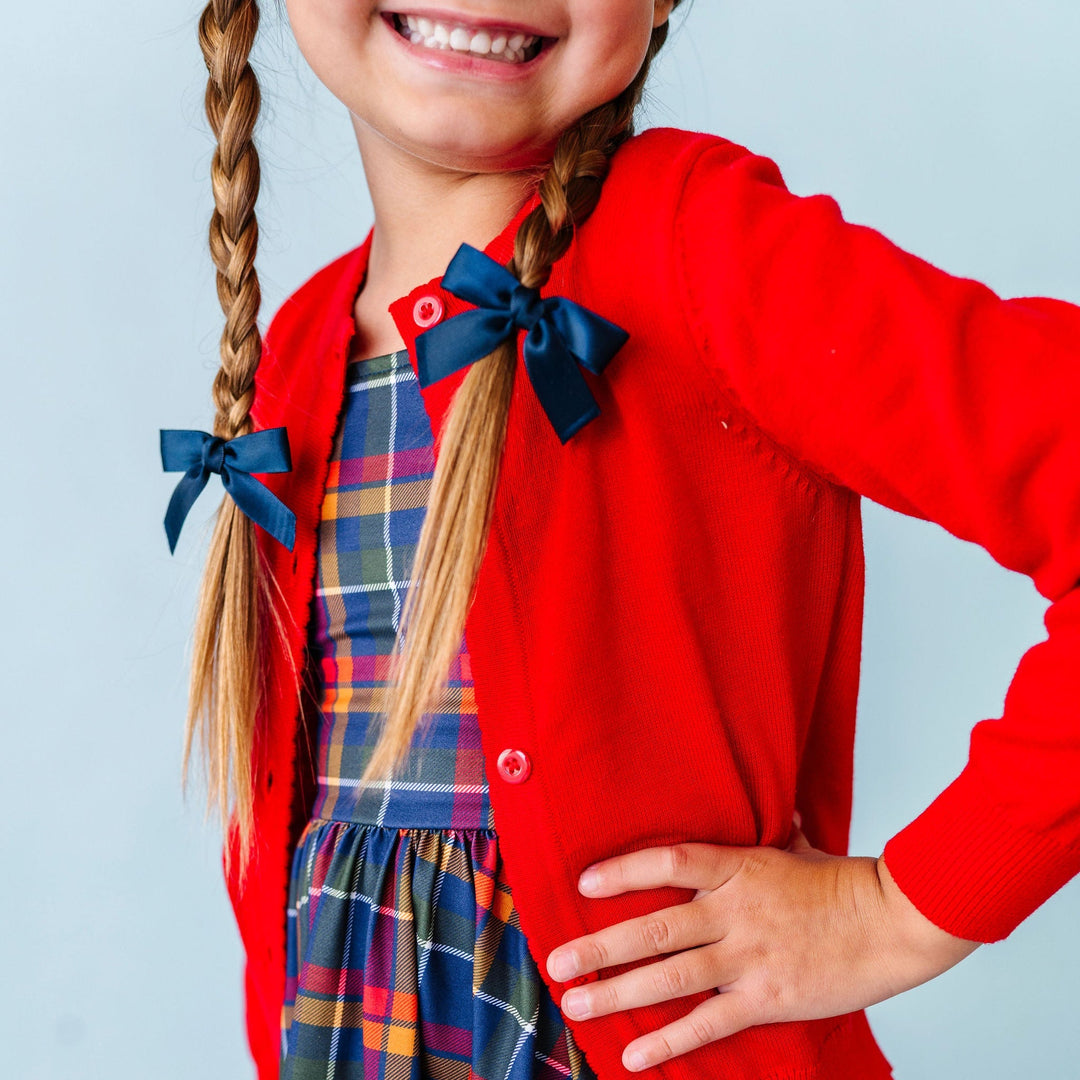 navy pigtail bows for little girl matching back to school outfit