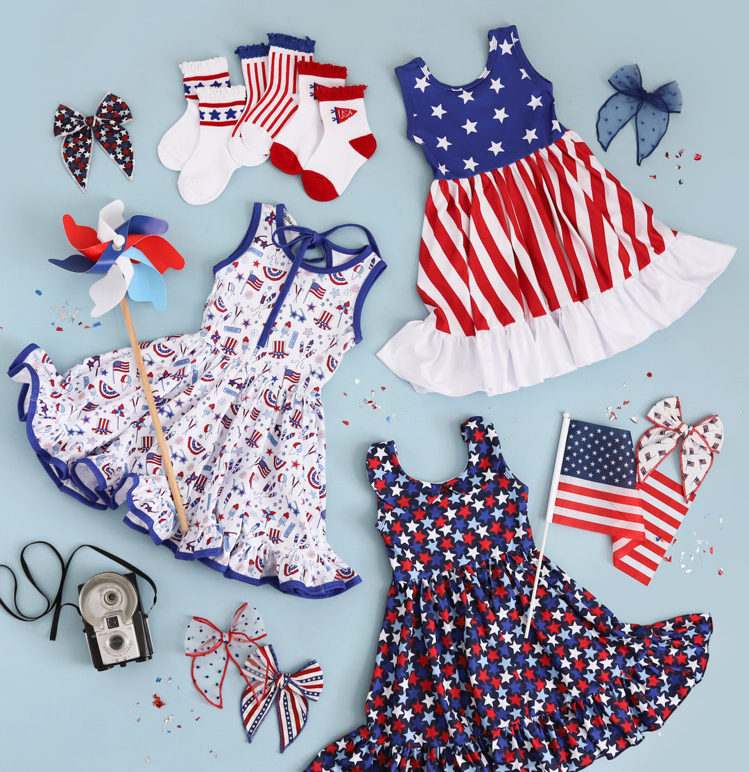 Girls 4th of July Dresses, Matching Hair Bows & USA Socks for Girls