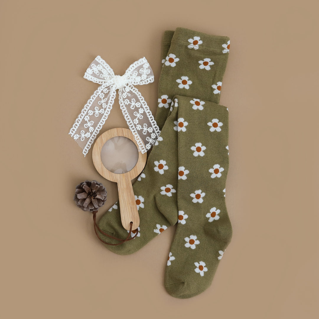 olive green flower tights with ivory lace hair bow for girls