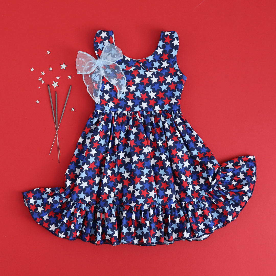 4th of july star print dress outfit with matching white sheer hair bow
