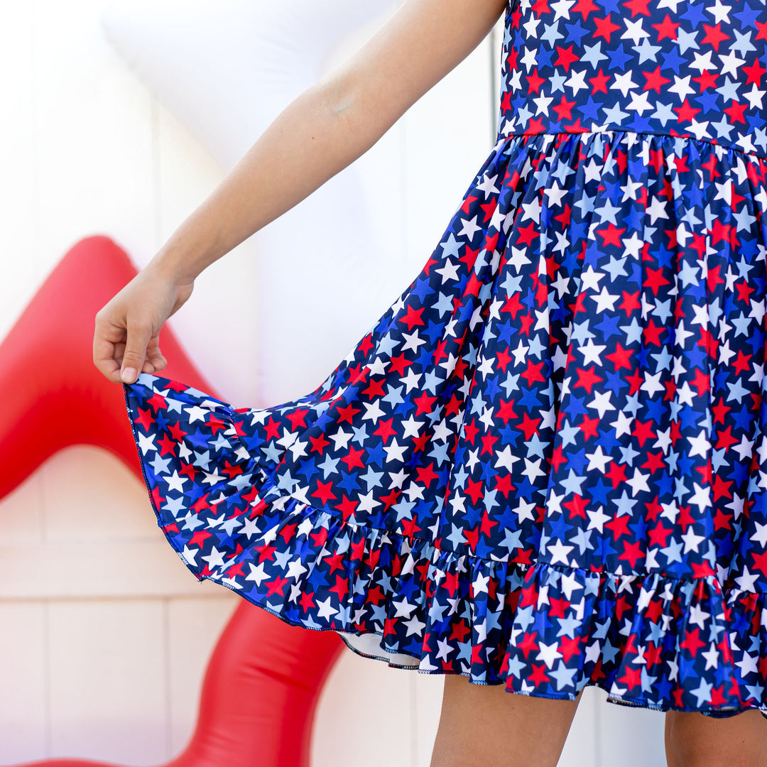 skirt detail of girls 4th of july star print twirl dress