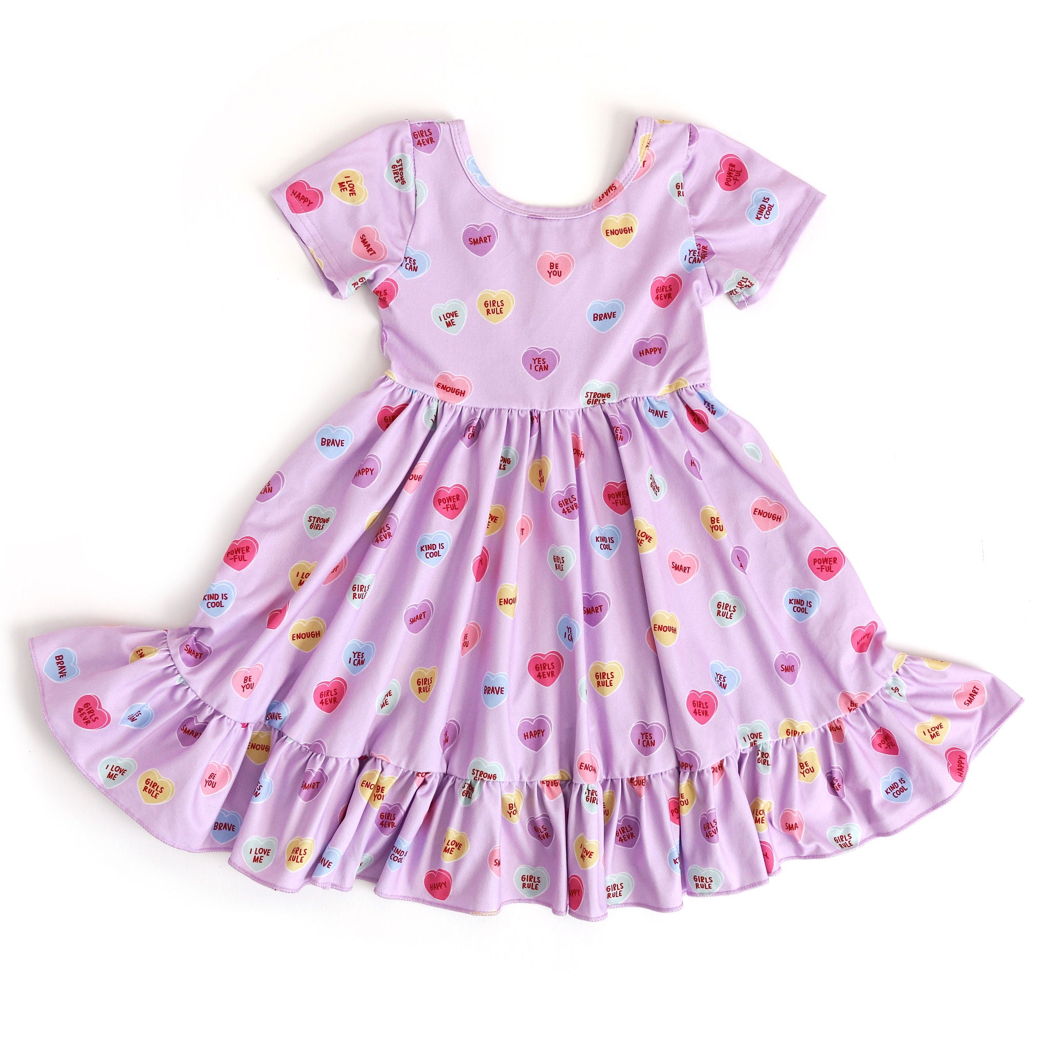 girls purple charm dress with pastel conversation heat print for Valentine's Day