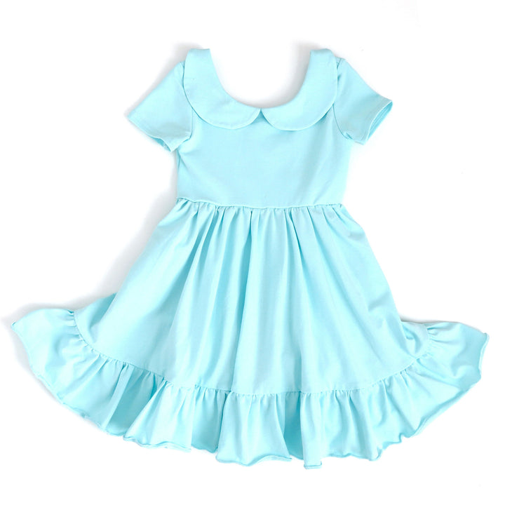 Aqua Blue girls cotton party dress with peter pan collar and pockets