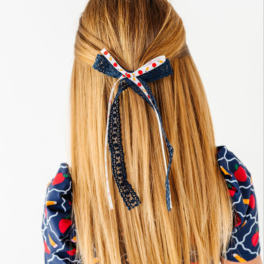 girls back to school hair bow with apples pencils and lace