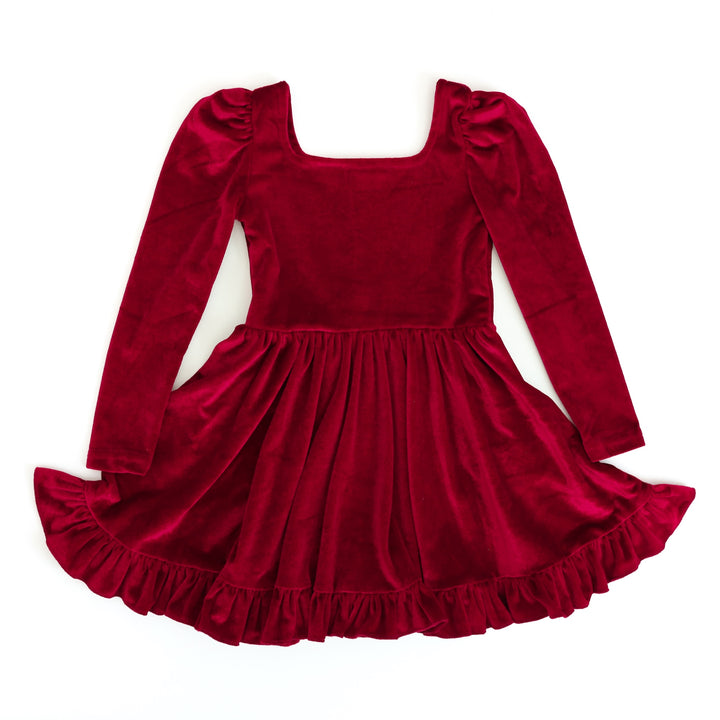 girls red velvet dress with long puffed sleeve and square neckline for Christmas